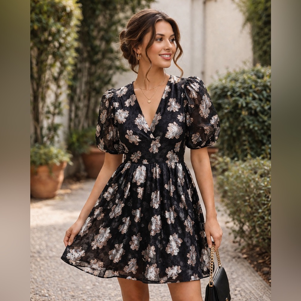 Francesca's Collections Black Metallic Floral Puff-Sleeve Mini Dress NWT